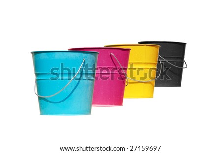 Four buckets of different colors: cyan, magenta, yellow and black