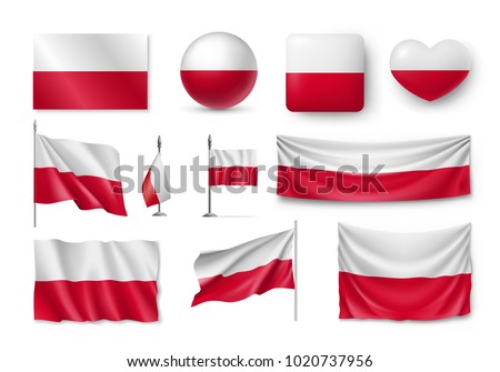 Set Poland flags, banners, banners, symbols, flat icon. Vector illustration of collection of national symbols on various objects and state signs