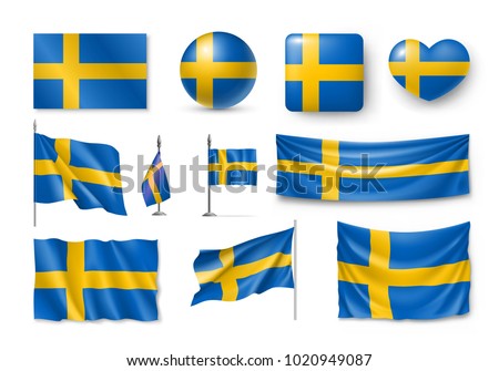 Set Sweden flags, banners, banners, symbols, flat icon. Vector illustration of collection of national symbols on various objects and state signs