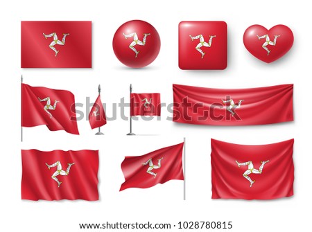 Set Isle of Mann flags, banners, banners, symbols, flat icon. Vector illustration of collection of national symbols on various objects and state signs