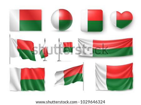 Set Madagascar flags, banners, banners, symbols, realistic icon. Vector illustration of collection of national symbols on various objects and state signs