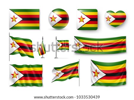 Set Zimbabwe flags, banners, banners, symbols, realistic icon. Vector illustration of collection of national symbols on various objects and state signs