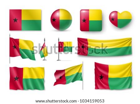 Set Guinea-Bissau flags, banners, banners, symbols, Realistic icon. Vector illustration of collection of national symbols on various objects and state signs