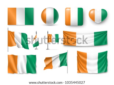 Set Ivory Coast flags, banners, banners, symbols, Cote d'Ivoire realistic icon. Vector illustration of collection of national symbols on various objects and state signs