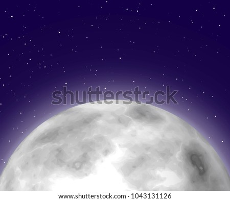 Shining moonrise, close-up, night background, cartoon style. Huge shining star on half sky. Vector illustration of heavenly luminary