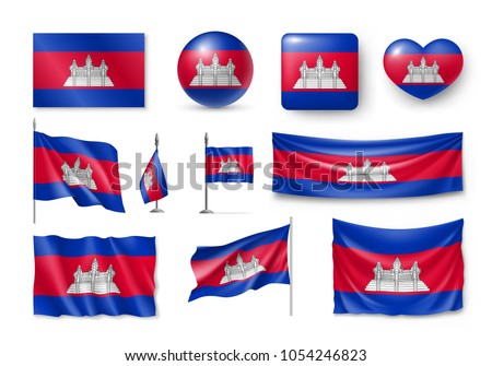 Set Cambodia flags, banners, banners, symbols, flat icon. Vector illustration of collection of national symbols on various objects and state signs