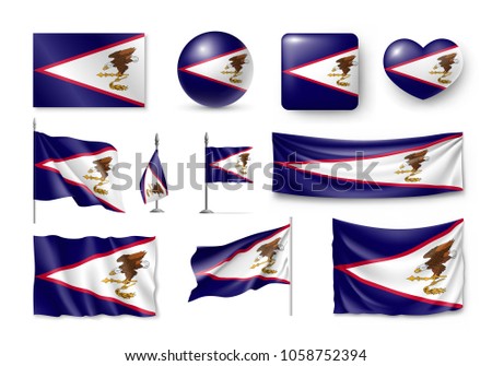 Set American Samoa realistic flags, banners, banners, symbols, icon. Vector illustration of collection of national symbols on various objects and state signs