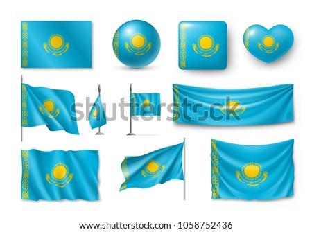 Set Kazakhstan flags, banners, banners, symbols, flat icon. Vector illustration of collection of national symbols on various objects and state signs