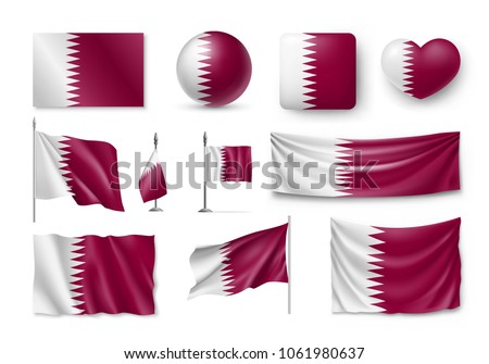 Set Qatar flags, banners, banners, symbols, flat icon. Vector illustration of collection of national symbols on various objects and state signs
