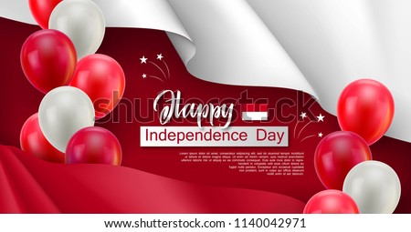 Happy Indonesian Independence day festive poster. Political holiday celebrated 17th of August. Patriotic vector concept with realistic waving indonesian flag and national colors helium balloons