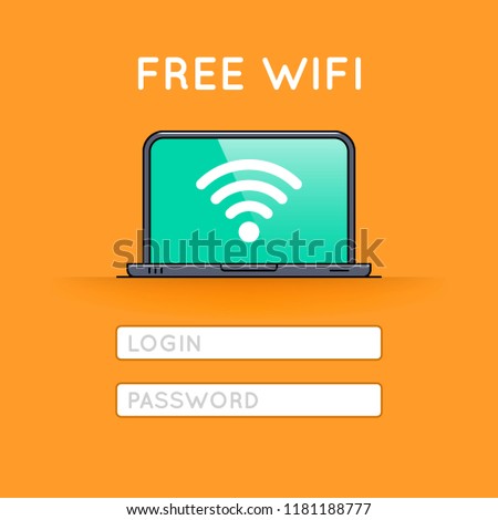 Free wifi access on laptop thin line icon. Wireless network connection outline pictogram. Web page with login and password form. Wifi zone symbol. Internet browser interface vector illustration