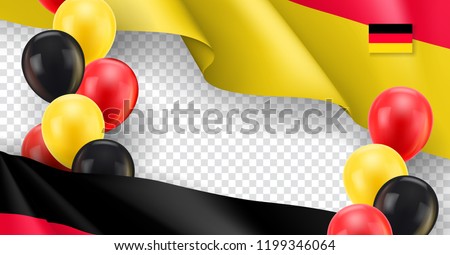Germany horizontal flyer with copy space. Realistic fluttering flag and colorful helium balloons on transparent background. Independence and patriotism vector banner. Germany country holiday event