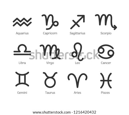 Zodiac signs set isolated on white background. Star signs for astrology horoscope. Zodiac line stylized symbols. Astrological calendar collection, horoscope constellation vector illustration.