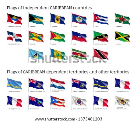 Wavy flags of independent Caribbean countries and dependent territories. Officially recognized flag of state on flagpole. Realistic national and political identity. Patriotic vector illustration.