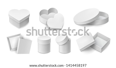 Various opened and closed cardboard boxes mockup. White containers in square, round and love heart shapes. Realistic paper boxes isolated on white background. Blank packaging case vector illustration.