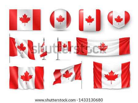 Various Canada flags set isolated on white background. Realistic waving national flag on pole, table flag and different shapes badges. Patriotic canadian 3d rendering symbols vector illustration.
