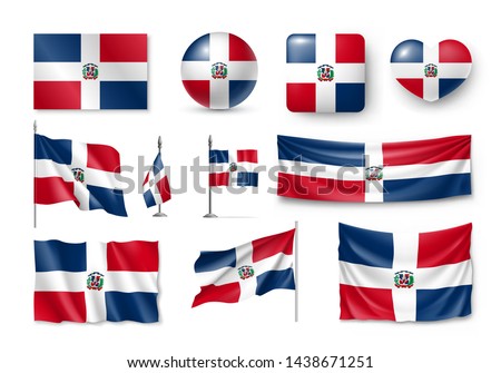 Various flags of Dominican republic caribbean country set. Realistic waving national flag on pole, table flag and different shapes badges. Patriotic symbolics for design isolated vector illustration