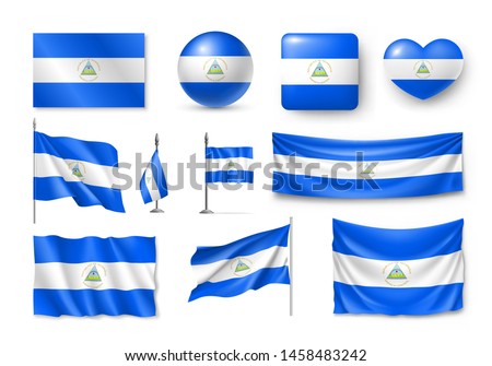 Various flags of Nicaragua independent country set. Realistic waving national flag on pole, table flag and different shapes badges. Patriotic symbolics for design isolated vector illustration