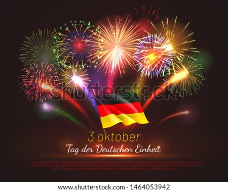 Germany independence day greeting card with festive fireworks and tricolor. Tag der Deutschen Einheit. Inscription in german: Day of german unity. National patriotic holiday vector illustration.