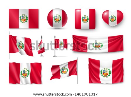 Various flags of Peru independent country set. Realistic waving national flag on pole, table flag and different shapes badges. Patriotic peruvian official symbols isolated vector illustration.