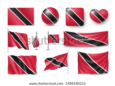 Various flags of Trinidad and Tobago caribbean country set. Realistic waving national flag on pole, table flag and different shapes badges. Patriotic symbolics for design isolated vector illustration.
