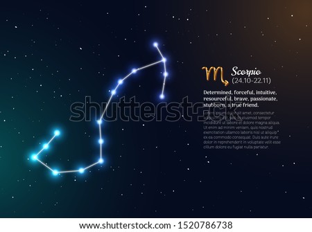 Scorpio zodiacal constellation with bright stars. Scorpio star sign and dates of birth on deep space background. Astrology horoscope with unique positive people personality traits vector illustration.