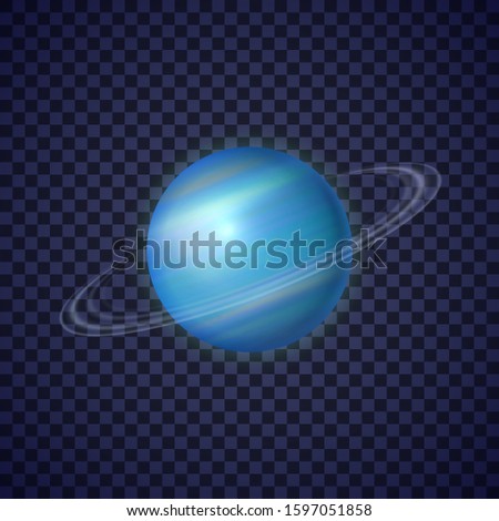 Uranus planet with rings on transparent background. Seventh ice giant planet of solar system. Galaxy discovery and exploration. Realistic cosmic vector illustration for school education materials.
