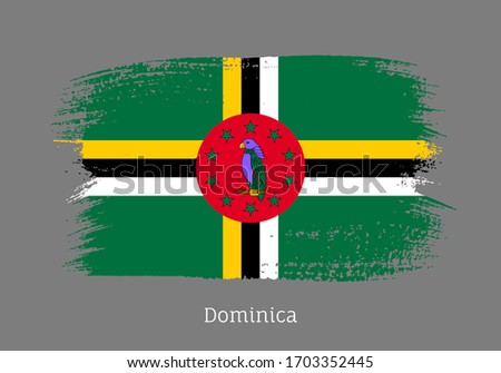 Dominica caribbean islands official flag in shape of paintbrush stroke. National identity symbol for patriotic design. Grunge brush blot isolated vector illustration. Dominica country nationality sign