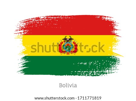 Bolivia republic official flag in shape of paintbrush stroke. Bolivian national identity symbol for patriotic design. Grunge brush blot vector illustration. Bolivia country nationality sign.