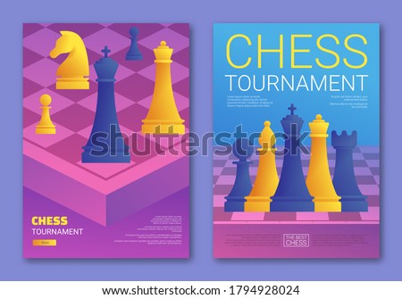 Chess tournament cartoon posters set. Purple chessboard with blue and yellow chess pieces. Chess classes and championship advertising. Hobby and professional sport competition vector illustration.