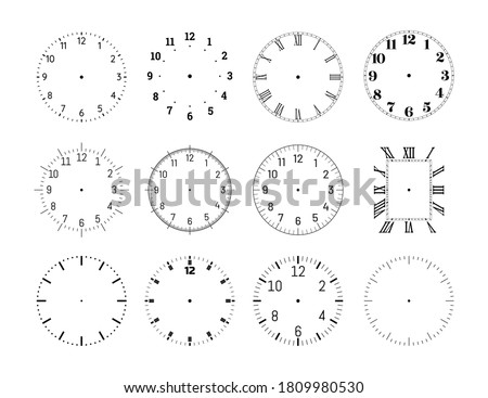 Mechanical clock face dials template set. Classic clocks and watches with arabic and roman numerals for your own design vector illustration isolated on white background Foto stock © 