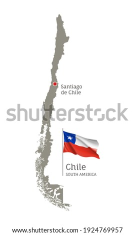 Silhouette of Chile country map. Gray editable map with waving national flag and Santiago de Chili city capital, South America country territory borders vector illustration on white background