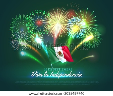 Shiny fireworks banner for Mexico Independence Day. National day of Mexico country celebration background, greeting card, poster with fireworks and waving national flag realistic vector illustration
