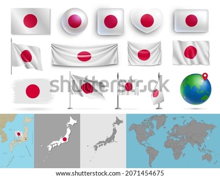Set of Japan flags of various shapes and maps. Realistic waving Japanese flag on pole, table flag, glossy 3d buttons and highly detailed map, globe with identification of Japan vector illustration