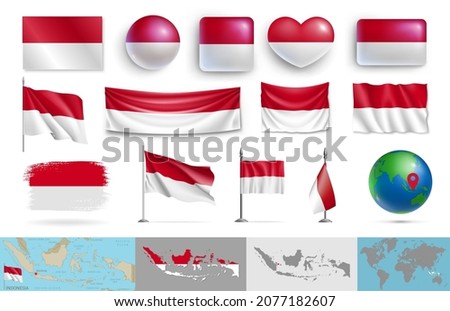 Indonesia flags of various shapes and geographic map set. Realistic national Indonesian flags, glossy buttons, highly detailed map and globe with identification pin vector illustration