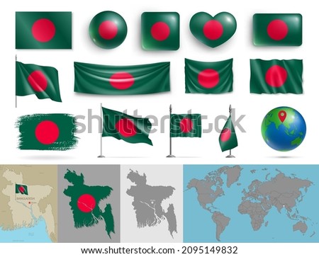 Bangladesh flags of various shapes and country map set. Realistic Bangladesh waving flags, glossy buttons in patriotic colors, highly detailed map and globe with location pin vector illustration