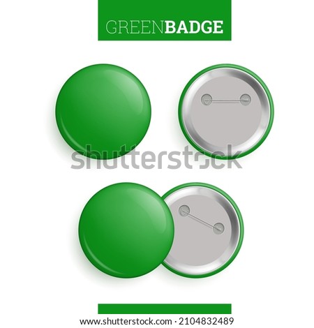 Set of green round blank web pin buttons. Front and back view of metal glossy 3d badges with place for text realistic vector illustration isolated on white background