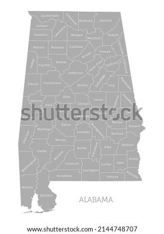 Highly detailed gray map of Alabama state, USA. Administrative map of Alabama with territory borders and names of departments vector illustration isolated on white background