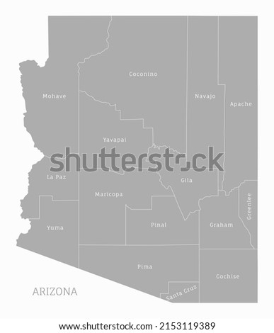 Highly detailed gray map of Arizona, US state Administrative map of Arizona with territory borders and names of departments realistic vector illustration