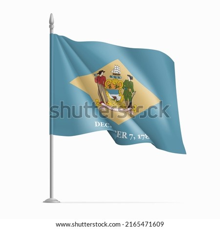 Delaware federal state flag on flagpole waving in wind. Officia federal wavy flag of American state, symbol of patriotism realistic vector illustration