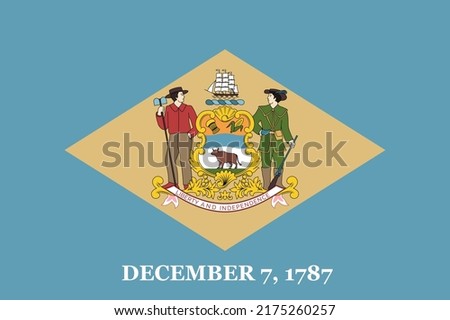 Flag of Delaware, symbol of US federal state. Connecticut full frame federal flag backdrop, buff diamond on colonial blue field and date December 7, 1787 realistic vector illustration