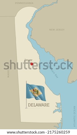 Map of Delaware federal state with waving flag. Highly detailed editable map of Delaware American state with territory borders and Dover capital city realistic vector illustration