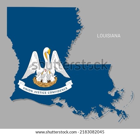 Map of Louisiana USA federal state with flag inside. Highly detailed map of Southern region of America with territory borders and national flag vector illustration