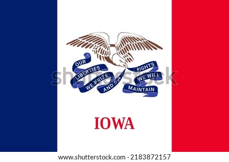 Flag of Iowa, symbol of USA federal state. Iowan full frame federal flag with blue, white, red vertical stripes and bald eagle with long ribbon realistic vector illustration