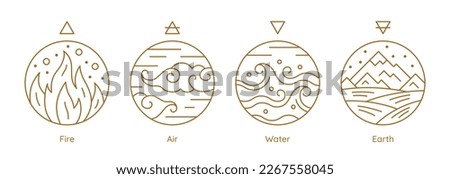 Four elements of nature golden alchemical symbols set. Water, fire, earth, air golden sacred magic signs thin line vector illustration on white background