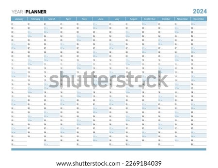 2024 yearly planner or organizer design template, ready for print. Schedule page journal, stationery calendar, corporate planner, 12 month vector illustration