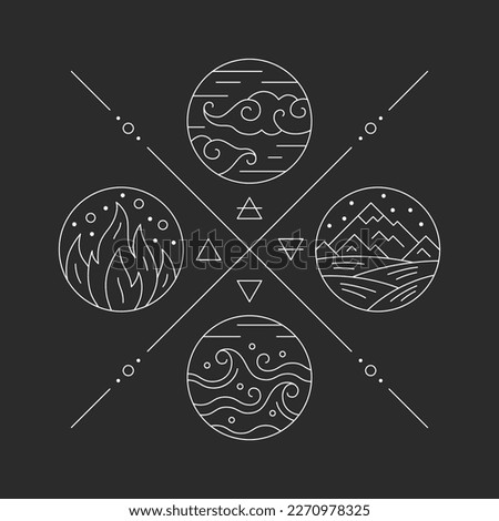 Nature four elements golden sacred, magic or alchemy signs. Water, fire, earth, air golden signs thin line vector illustration on white background
