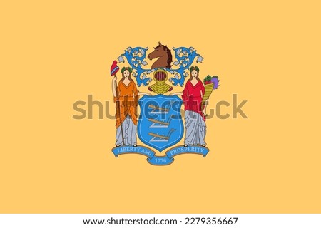 Flag of New Jersey official symbol of USA federal state. Full frame federal flag of New Jersey with coat of arms of state on buff colored background vector illustration