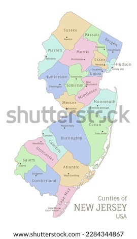 Counties of New Jersey administrative map of USA federal state. Highly detailed color map of New Jersey region with territory borders and counties names labeled realistic vector illustration