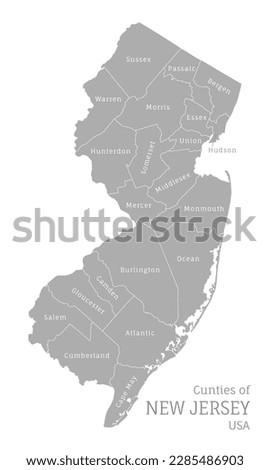 Highly detailed gray map of New Jersey US state. Editable administrative map of New Jersey with territory borders and counties names labeled realistic vector illustration